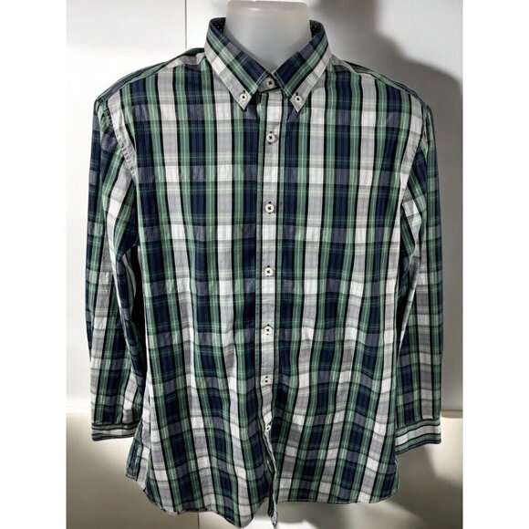 Nick Graham Mens Green Blue Plaid Stretch Modern Fit Button Down Shirt Large - Picture 8 of 8